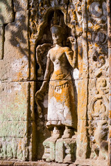 Apsara dancers carved in stone, all around on the walls at Angkor Wat (largest religious temple...
