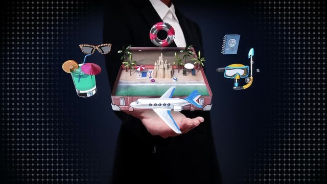 Businesswoman open palms,Opened a vintage leather traveling bag, trunk, Prepare to travel for city, tour.