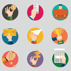 Hands with business object icons set, Flat Design Vector illustration