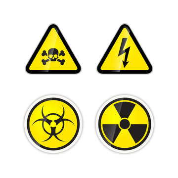 Set of four warnings signs for high voltage, radiation, biohazard and poison isolated on white