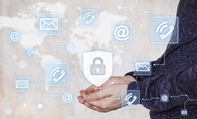 Businessman pressing button locked shield virus security network mail