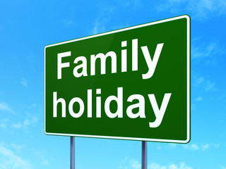 Tourism concept: Family Holiday on road sign background