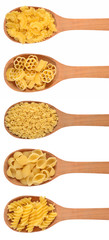 Set of italian pasta in a wooden spoon on a white