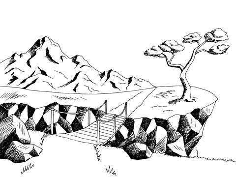 Mountain road bridge graphic art black white landscape illustration vector