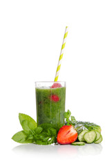 Green smoothie as healthy summer drink isolated on white backgro