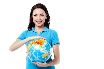 Beautiful young woman on white background