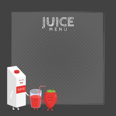 Funny cute strawberry juice packaging and glass drawn with a smile, eyes and hands.