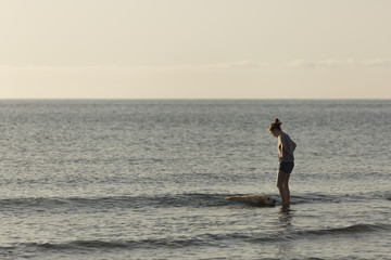 Fototapeta na wymiar girl in the water of a beach with her dog