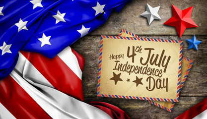 happy independence day, USA flag on wooden table, high contrast and over light 