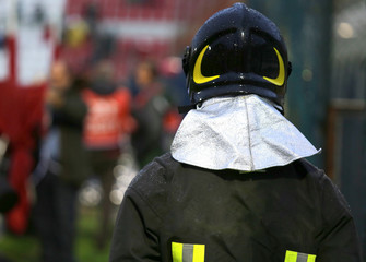 Firefighter with riot helmet for the security service in the Sta