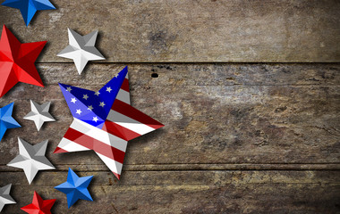 star painting of the USA flag color on wooden table, high contrast and over light, vintage ton
