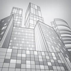 Fototapeta premium Business building, silver city, infrastructure illustration, modern architecture, airplane flying, vector design art