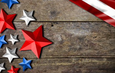 star painting of the USA flag color on wooden table, high contrast and over light, vintage ton
