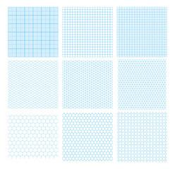 Nine cyan geometric grids, seamless patterns isolated on white. Millimetric, isometric, hexagonal and circles.