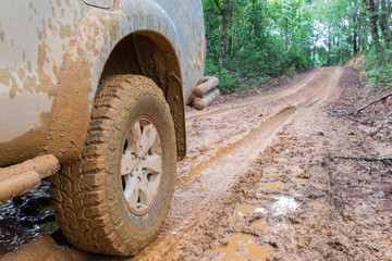 Fototapeta na wymiar Wheel closeup in a countryside landscape with a muddy road