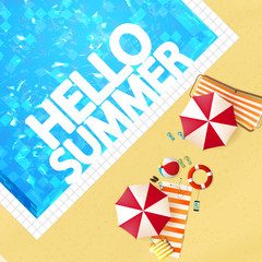 Top view of swimming pool with parasol and other beach things. Detailed Vector illustration.     © Droidworker