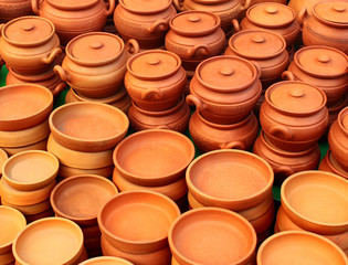 Traditional handmade pottery on display at street market in Tbilisi, Georgia