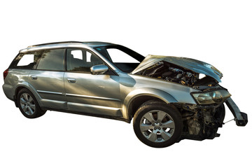 a broken car after incident on white background
