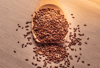 Flax seeds linseed on wooden spoon