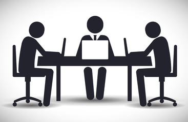 Business represented by businesspeople on table with laptop icon. flat and isolated illustration