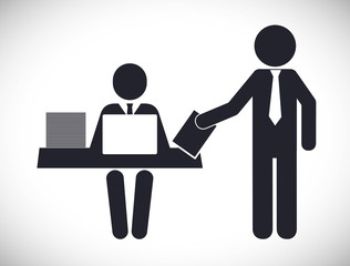 Business represented by businesspeople on table with laptop icon. flat and isolated illustration