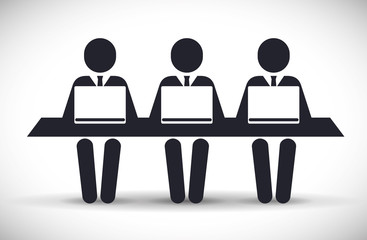 Business represented by businesspeople on table with laptop icon. flat and isolated illustration