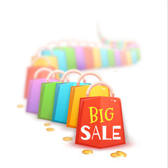 Big sale banner with color packets and coins. Vector illustration.