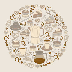 Flyer of vector modern flat design coffee-shop, cafe and bakery icons.