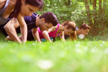 sportler machen liegestütz auf einer wiese im park