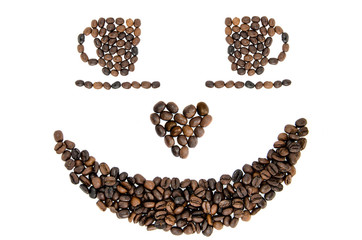 Cup, heart, smile from coffee grains. Espreso. Americano. Cappuccino. Latte.