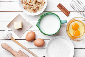 Baking and cooking concept, variety of ingredients and utensils