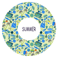 Summertime circle traveling template with beach, holidays and vacation summer accessories
