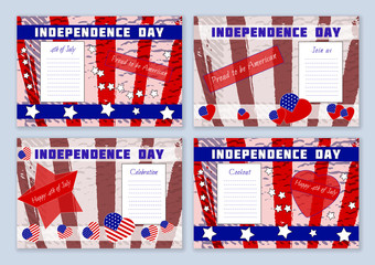 Set of templates for Independence Day on planked wood background
