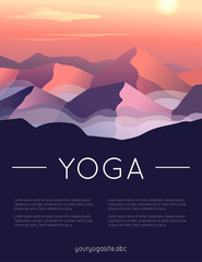Vector yoga illustration. Template of poster for International Yoga Day. Poster for 21 June, Yoga Day. Yoga poster with mountain landscape. Backdrop with sunset view.