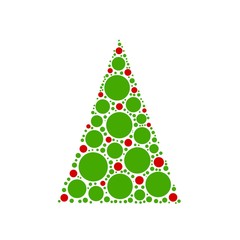 Simple abstract chrismas tree of red and green dots, or circles, in a triangle shape on white background.