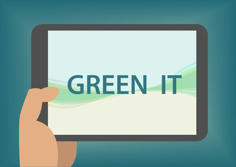 Green IT concept with hand holding smart phone