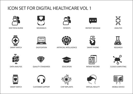 Digital healthcare and medicine vector icon set