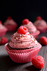Raspberry cupcakes sprinkled with chocolate on dark background