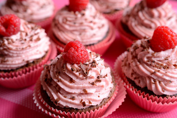 Raspberry cupcakes sprinkled with chocolate on dark background