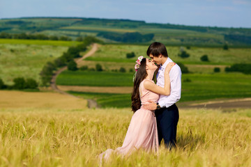 Naklejka na ściany i meble Beautiful couple kissing on nature in a yellow field of wheat in