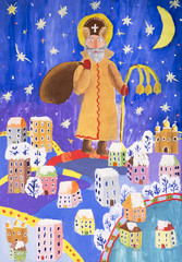 Детский рисунок гуашью "Святой Николай разносит детям подарки"
