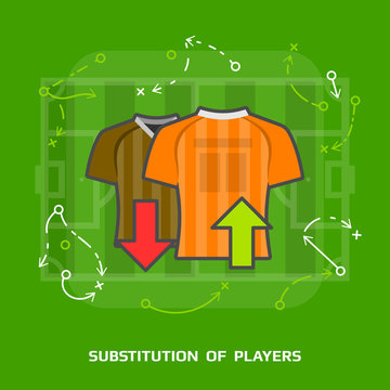 Flat illustration of soccer substitution against green. Flat design of players exchange in association football, front view. Vector image for soccer, sport game, football, championship, gameplay, etc
