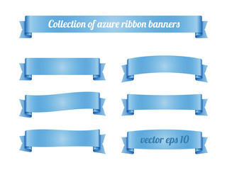 Set of light blue azure ribbon banners. Vector illustration.