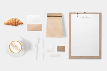 Design concept of mockup paper, bag, clipboard and coffee cup set