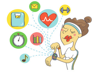 Wearable technology for sport women. Woman checking out health data and planning exercise on smart watch.