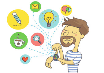 Wearable technology for men. Man planning social activities on his smart watch.