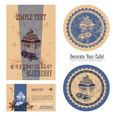 Blueberry cupcakes, eco-friendly packaging design and execution of a cafe, a paper bag, business card, sticker and beermat. Decorate your cafe.