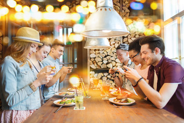 happy friends with smartphones picturing food