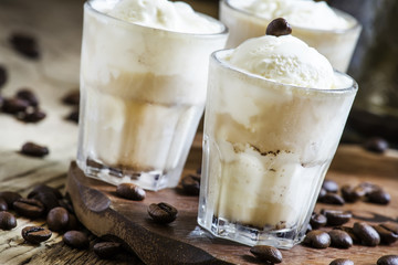 Summer refreshing dessert with coffee and vanilla ice cream, vin