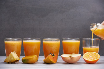 Fruit juices from pineapple, papaya, orange, mango and apple